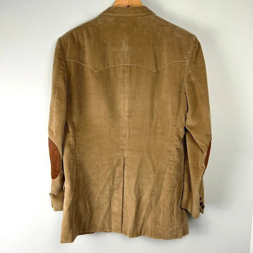 Vtg Tan Corduroy Western Blazer Suede Elbow Patches Tan Camel Sport Coat 44R